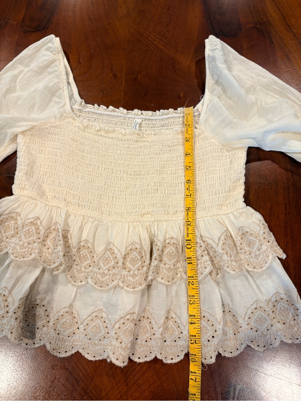 Boho Smocked Peasant Top in Cream with Embroidered Hem, size M - Picture 7 of 8